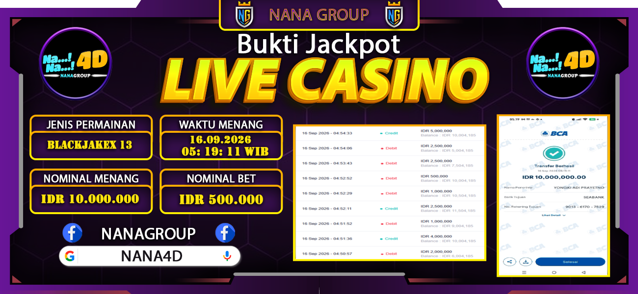 Bukti Kemenangan Besar Dibayar lunas Member NANA4D RP 10.000.000, 16 September 2026